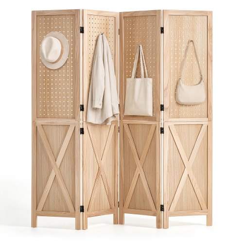 VEVOR opklapbare kamerscherm, hout, 4 panelen, 1520 mm geperforeerde wandplaat, voor kamerverdeling en huisdecoratie, stevig frame met X-patroon, 360° draaibare scharnieren, rustieke houten scheidingswand met bevestigingsmateriaal.