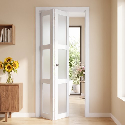 VEVOR vouwdeur complete set 914 mm (twee 457 mm) x 2032 mm matglas, voor kledingkasten en slaapkamers, dubbele vouwschuifdeur met metalen beslag en co