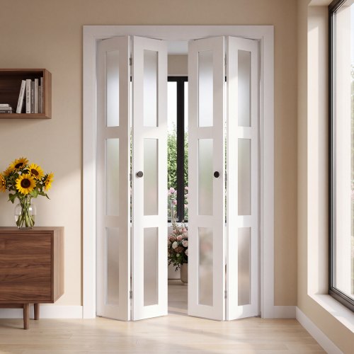 VEVOR vouwdeur complete set 1219 mm (vier 305 mm) x 2032 mm matglas, voor kledingkasten en slaapkamers, 4-delige vouwschuifdeur met metalen beslag en