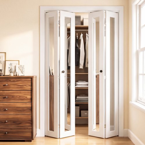 VEVOR vouwdeur complete set 1219 mm (vier 305 mm) x 2032 mm, spiegel over de volledige lengte, voor kledingkasten en slaapkamers, 4-delige vouwschuifd