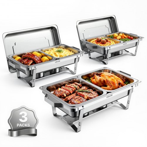 VEVOR Chafing Dish 3-delige set, 8,52 liter per stuk, roestvrijstalen warmhoudschalen voor buffetten, bruiloften en feesten, voor het serveren van war