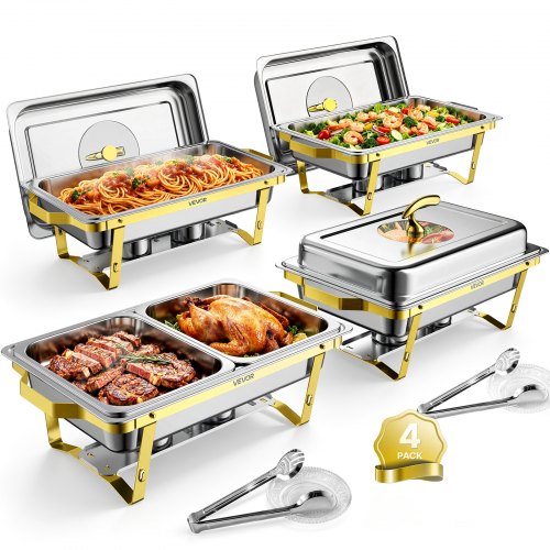 VEVOR Chafing Dish Set, 4-delig, buffetten, elk 8,52 liter, roestvrijstalen warmhoudschalen, bruiloften, feesten, banketten, opvouwbare standaard, 2 g