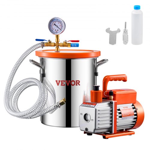 VEVOR 11,36L vacuümkamer en 3,5 CFM-pomp, roestvrijstalen kamer, eentraps vacuümpomp, ontgassingskamerset, met acryldeksel, olie, 1,5 m slang, vacuümpompset voor het ontgassen van hars, siliconen epoxyharsen afbeelding