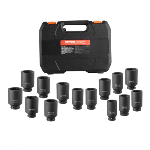 VEVOR Slagsleutelset voor asmoeren 12,7 mm aandrijving, diepe 6- en 12-punts doppenset, metrisch, 14-delig, CR-V doppenset met opbergkoffer, autoreparatie zwart