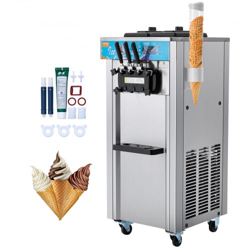VEVOR Commerciële softijsmachine, 21-31 l/u output, vrijstaande softijsmachine met 3 smaken, 2 x 5,5 l roestvrijstalen cilinders, LED-paneel, automatische voorkoeling, voor restaurantbars afbeelding