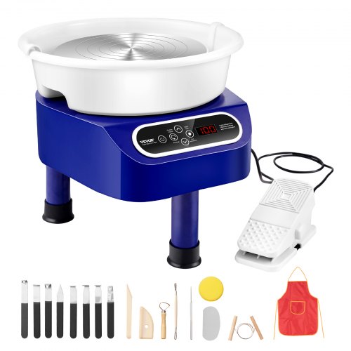 VEVOR pottenbakkersschijf keramiekwiel machinepedaal 450W 28cm blauw 3 steunpoten afbeelding