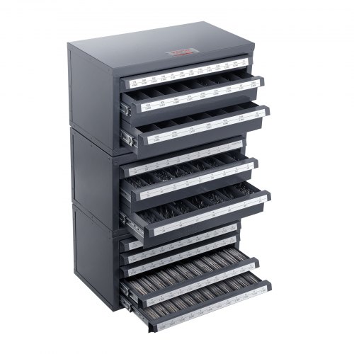 VEVOR boordispenserkast, 3-delig, drie laden voor 1/16" tot 1/2" en lettermaten A tot Z, boororganizer met vijf laden voor draadmaten #1 tot #60, stapelbare kast afbeelding