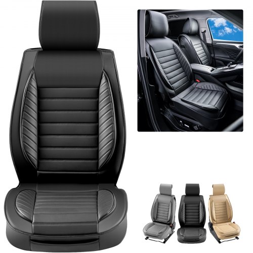 VEVOR stoelhoezen, universele autostoelhoezen, voorstoelen, 2 stuks kunstleren stoelhoezen, semi-gesloten ontwerp, afneembare hoofdsteun en compatibel met airbags, voor de meeste auto's, SUV's, vrachtwagens, zwart afbeelding
