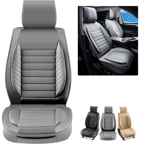 VEVOR stoelhoezen, universele autostoelhoezen voor voorstoelen, 2-delige kunstleren stoelhoezen, semi-gesloten ontwerp, verwijderbare hoofdsteun en compatibel met airbags, auto's, SUV's en vrachtwagens, grijs afbeelding