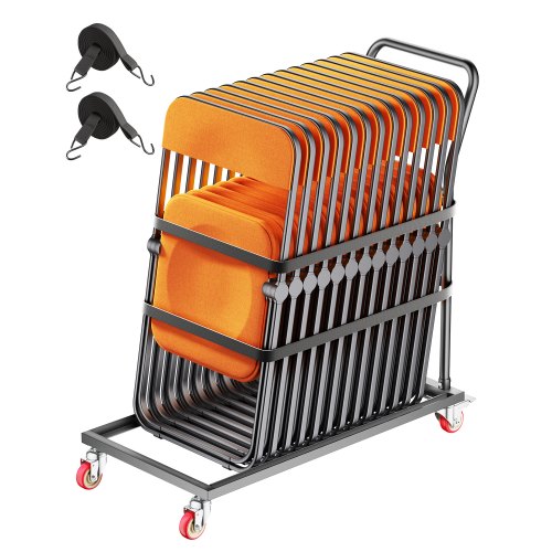 VEVOR opklapbare stoelstandaard, draagvermogen 136 kg, L-vormige stoeltrolley voor verticale plaatsing van 25 stoelen, metalen transporttrolley met rubberen wielen, multifunctionele stoelhouder, matzwart