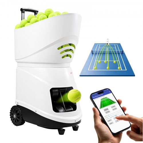 VEVOR Tennisballenmachine, max. 129 km/u, tafelballenwerper, capaciteit van 150 ballen met spinregeling, app-bediening, 3 trainingsmodi, 4 uur batterijduur, uitschuifbare handgreep, wielen en kunststof behuizing.