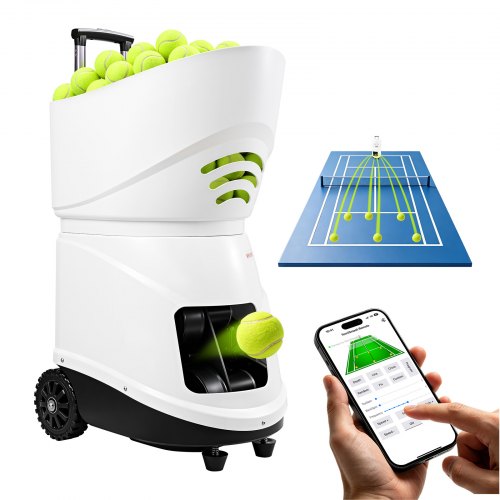 VEVOR Tennisballenmachine, max. 129 km/u, tafelballenwerper, capaciteit 150 ballen, spinregeling, app-bediening, 20 trainingsmodi, 4 uur batterijduur, uitschuifbare handgreep, wielen en kunststof behuizing