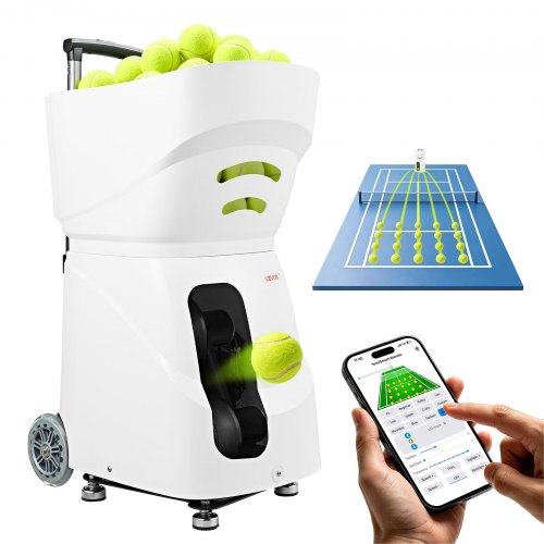 VEVOR Tennisballenmachine, max. 121 km/u, tafelballenwerper, capaciteit 110 ballen, spinregeling, app-bediening, 21 trainingsmodi, 4 uur batterijduur, uitschuifbare handgreep, wielen en kunststof behuizing