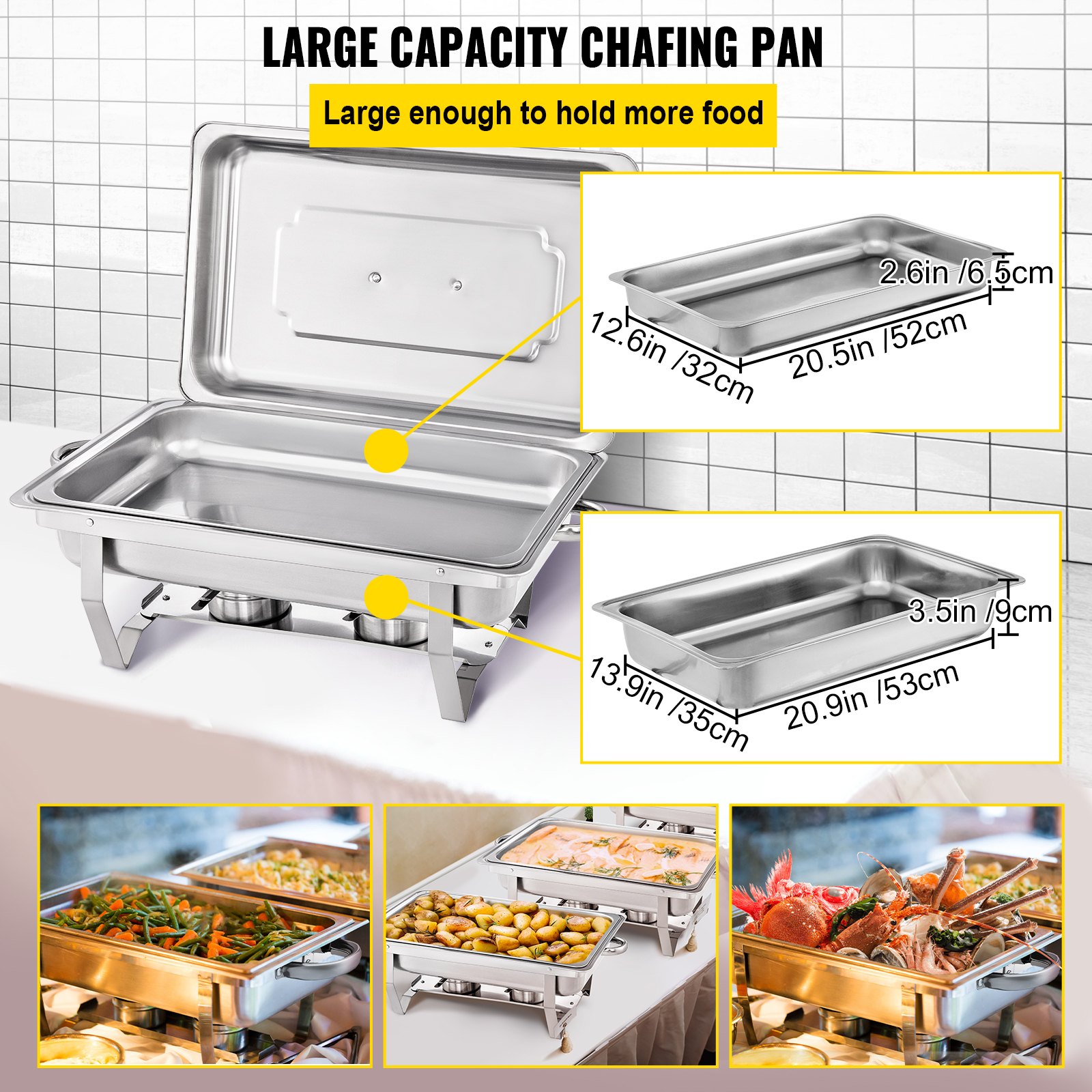 3 Packs Chafer Chafing Dish 8 QT with 1/2 Inserts with Lid Dinner