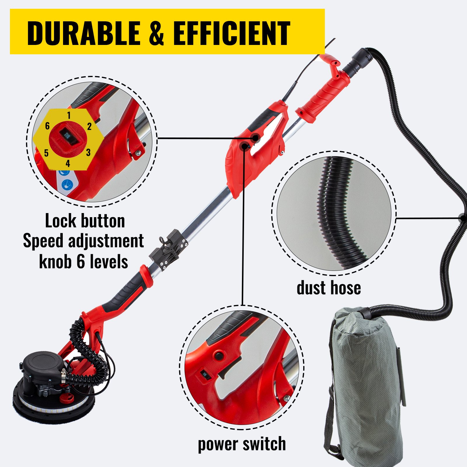 POSENPRO Drywall Grinder, 750 Watt, 180 mm, Ceiling Grinder, Wall Sander, Variable Speed 1500-2700 RPM, LED Light, Dust Collector Bag and Exhaust Hose, 6 Sandpaper, 3 m Cable