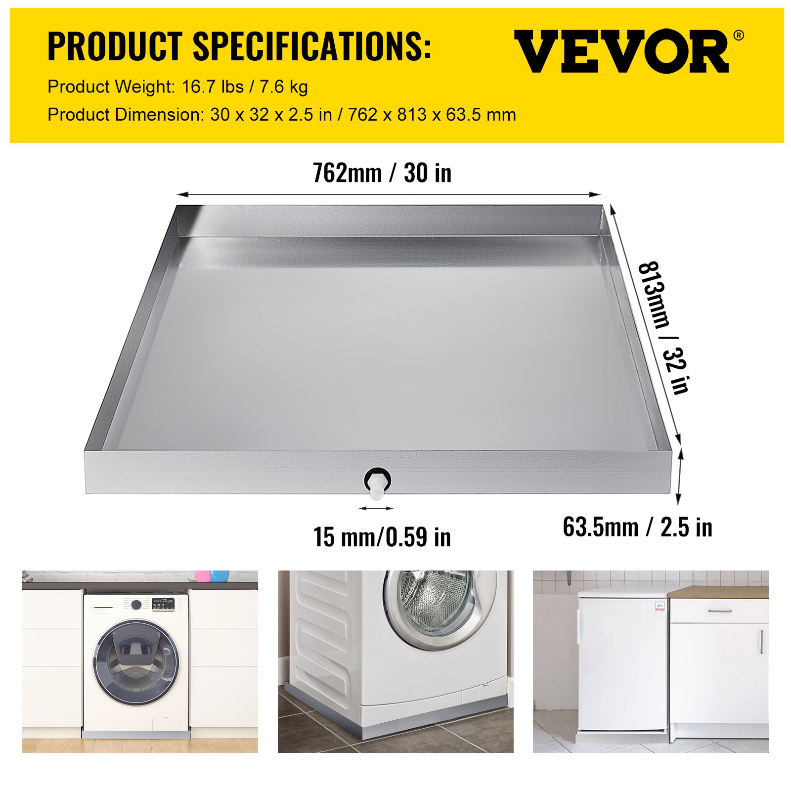 304 roestvrijstalen wasmachine-machine lekbak, rechthoekige zware lekbak met afvoer, wateropvangbak wateropslag voor thuiskeuken,108x48CM/42''x18
