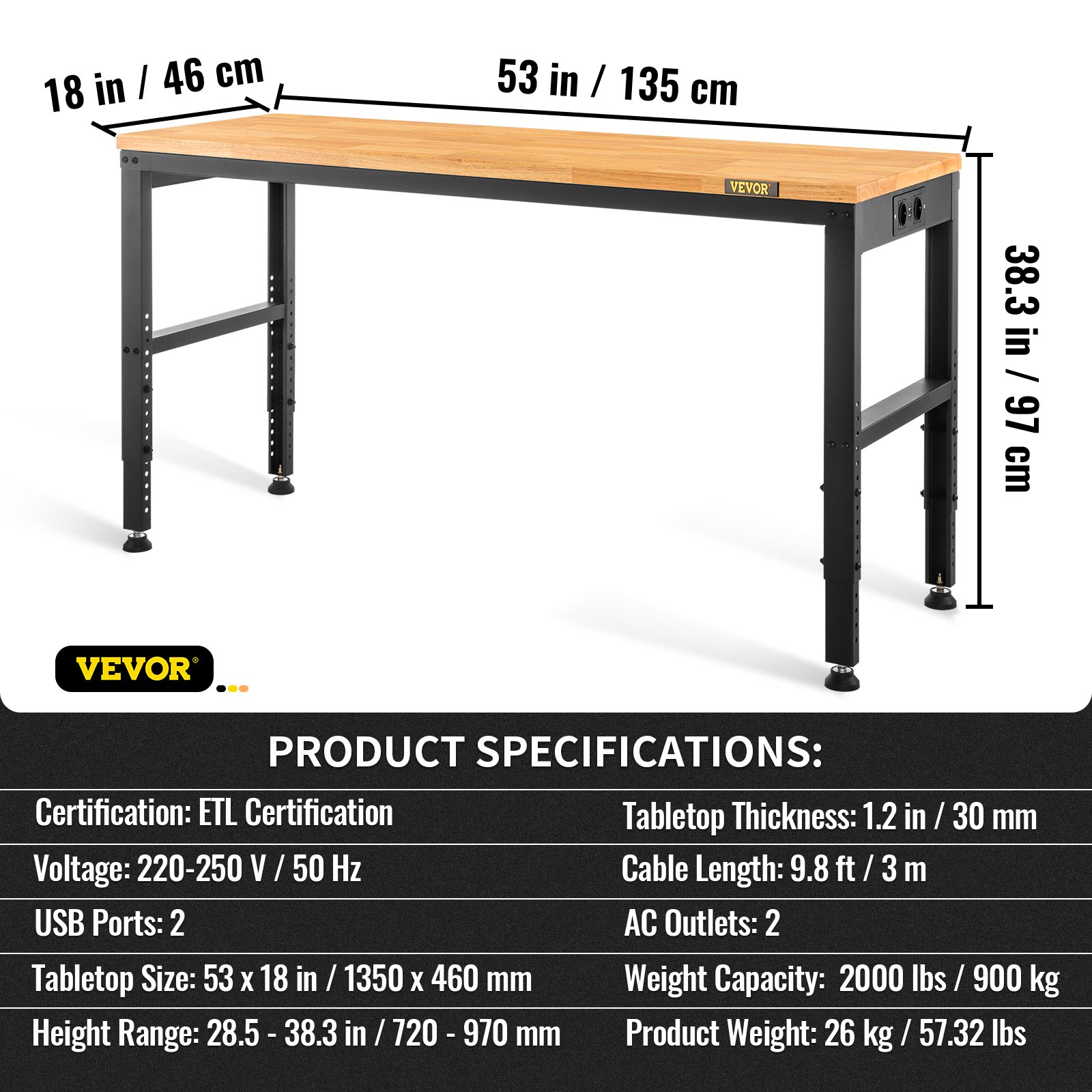 VEVOR in hoogte verstelbare werkbank opspantafel 183x64x97cm werktafel