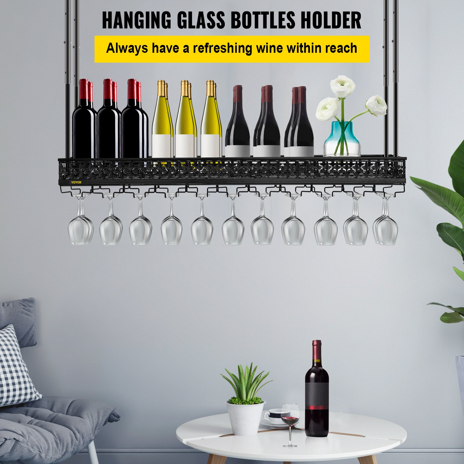 Plafond Wijnrek, Plafond Wijnglasrek, 2-laags Industriële Hangende Wijnflessenhouder, Zwart Metalen Plafondrek voor Bar, Café, Keuken (BLACK, 120 * 30 * 50 40CM