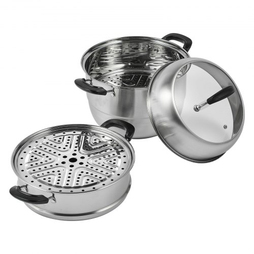 Фото - Каструля Vevor 28 cm parowar ze stali nierdzewnej ze szklaną pokrywką, 3-poziomowy parowar indukcyjny, parowar, garnek do gotowania p