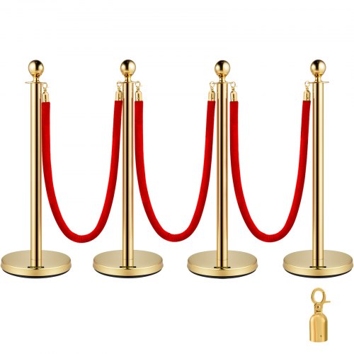 

VEVOR Стойки для контроля толпы из нержавеющей стали и бархатные веревки шар с круглым верхом Золотой столб 3 красные веревки 1,5 м 4 упаковки