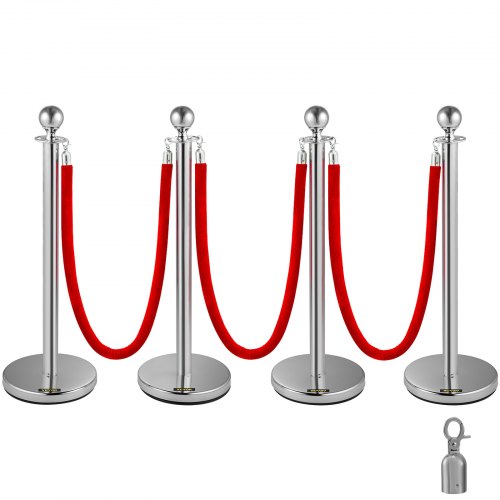 

VEVOR Стойки для контроля толпы из нержавеющей стали и бархатные веревки шар с круглым верхом серебряный столб 3 красные веревки 1,5 м 4 упаковки
