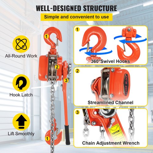 Mini Manual Lever Block Chain Hoist 0.75T 1.5M Safety Latches Built-In Gearing 