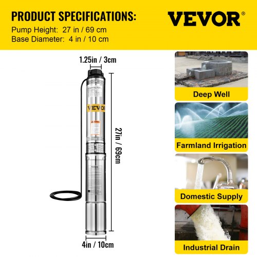 Vevor Borehole Deep Well Submersible Water Pump LONG LIVE CABLE 1.5 HP 