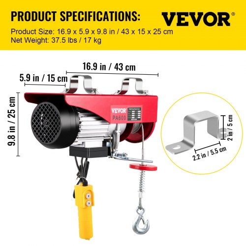 1320 LBs 110V Electric Wire Hoist Winch Hoist Crane Lift 4.9FT W/ Wired Control 