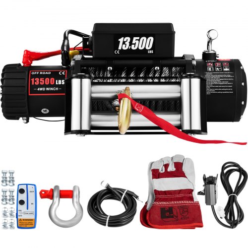 RUGCEL 13500lb Waterproof Electric Black Synthetic Rope Winch with Hawse Fairlead Wired Handle and 2 Wireless Remote 