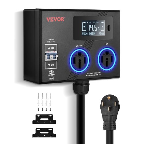 VEVOR NEMA Splitter for Dryer and EV, 3-Color LED Indicator, 240V Smart Power Distribution, With NEMA 14-50 Plug, Two NEMA 14-50 Outlets, 3.4 in LCD Screen, Max 40A Dryer EV, Tested to ETL Standard