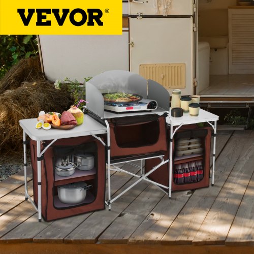 VEVOR Camping Kitchen Table, 3 Storage Organizer, Aluminum Windscreen  Outdoor Folding Grill Station with 2 Side Tables, Camping Supplies and