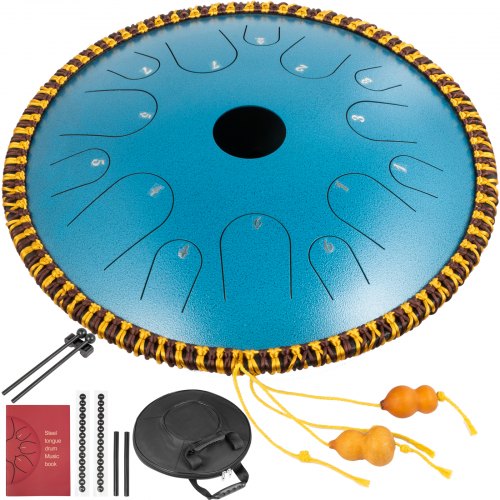 

VEVOR Blue Tongue Drum 14 Notes Dish Shape Drum 14 Inches Dia. Manual Percussion Pure Copper Steel Tongues 14 Notes Steel Tongue Handpan Drum with Rope Decoration and Mallets, Bag, Music Book