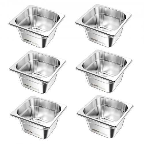 VEVOR 1/6 Size Hotel Pans Steam Table Pans 4 Inch Deep Stainless Steel 6 Pack
