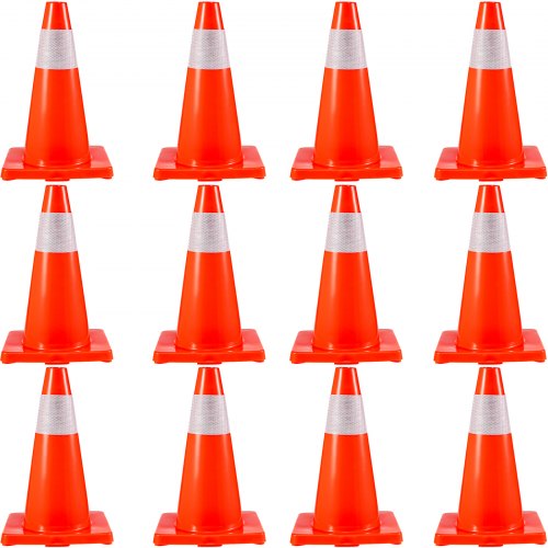 Traffic Safety Cones 12 PCS PVC Parking Cones 18" W/ 1 Reflective Collars 11" X 11" Red PVC Base For Higher Warning Roads Construction Sites
