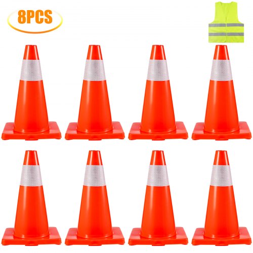 VEVOR 8Pack 18" Traffic Cones, Safety Road Parking Cones PVC Base, Orange Traffic Cone with Reflective Collars, Hazard Construction Cones for Home Traffic Parking