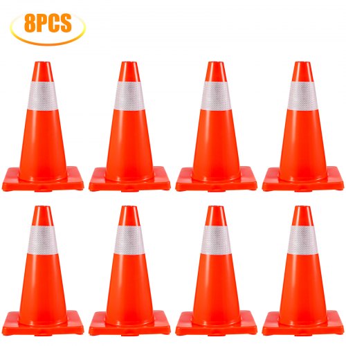 

VEVOR 8Pack Traffic Cones, 18" Safety Cones, PVC Orange Traffic Safety Cone, with Reflective Collar Road Parking Training Cones