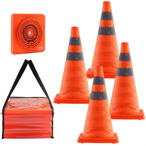 Vevor Safety Cones, 4 Pack 18 inch Collapsible Traffic Cones, Construction Cones with Reflective Collars, Wide Base and A Storage Bag, for Traffic Control, Driving Training, Parking Lots