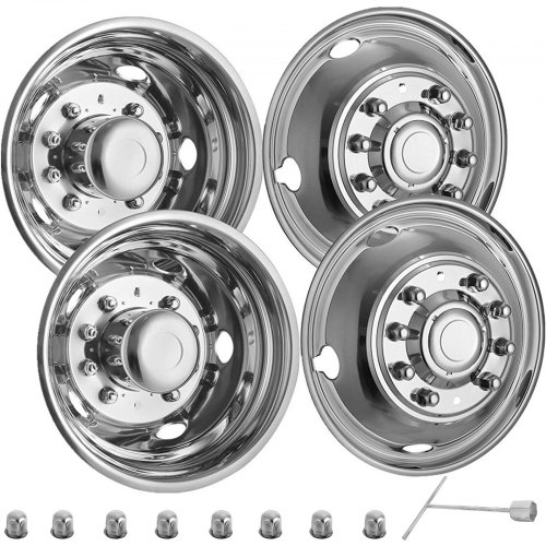 VEVOR Stainless Steel Front And Rear Wheel Simulators 19.5 Inch 10 Lug Wheel Simulator 4PCS of Hand Hole Hubcap Kit Compatible With 2005-2021 Ford Super Duty F450 - F550 10 Lug Dually Trucks Only