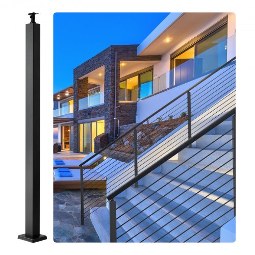 VEVOR Cable Railing Post, 36 x 2 x 2 Steel Level Deck Railing Post Without Holes, SUS304 Stainless Steel Cable Rail Post, Stair Handrail Post with Horizontal and Curved Bracket, 1-Pack, Black