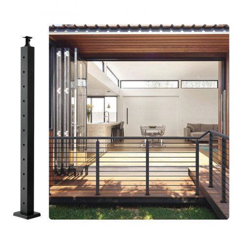VEVOR Cable Railing Post, 36 x 2 x 2 Steel Horizontal Hole Deck Railing Post, 10 Pre-Drilled Holes, SUS304 Stainless Steel Cable Rail Post with Horizontal and Curved Bracket, 1-Pack, Black