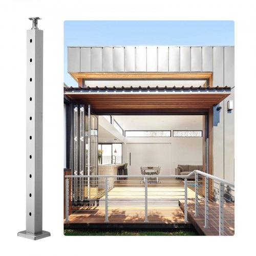 VEVOR Cable Railing Post, 36 x 2 x 2 Steel Horizontal Hole Deck Railing Post, 10 Pre-Drilled Holes, SUS304 Stainless Steel Cable Rail Post with Horizontal and Curved Bracket, 1-Pack, Silver