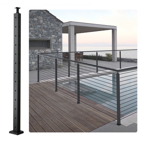 

VEVOR Cable Railing Post, 42" x 1" x 2" Steel L-Shaped Hole Corner Railing Post, 12 Pre-Drilled Holes, SUS304 Stainless Steel Cable Rail Post with Horizontal and Curved Bracket, 1-Pack, Black