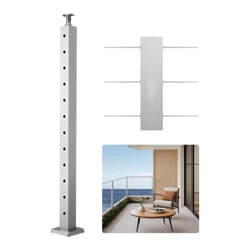 

VEVOR Cable Railing Post, 106.7x5x5cm Level Deck Stair Posts, 1-Pack Stainless Steel Cable Handrail Post, Pre-Drilled Pickets with Mounting Bracket Stair Railing Kit, Silver, 1JZLGZXYS1061EF8W001V0