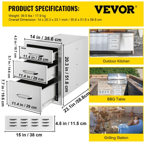 Details about   Outdoor Kitchen Drawer Worktable Triple BBQ Island Access Drawer Stainless Steel 