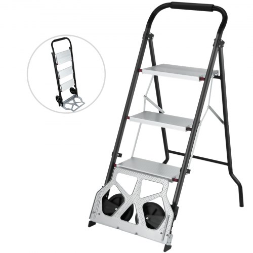 3-steps Ladder Cart 2-in-1 Convertible Step Ladder Folding Hand Truck Trolley