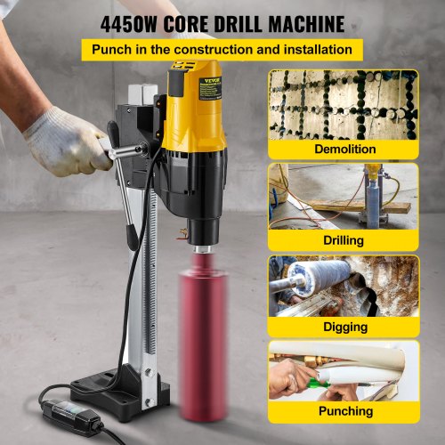 10" Diamond Core Drill Concrete Drilling Machine with Stand & Drill Bits 4450W 