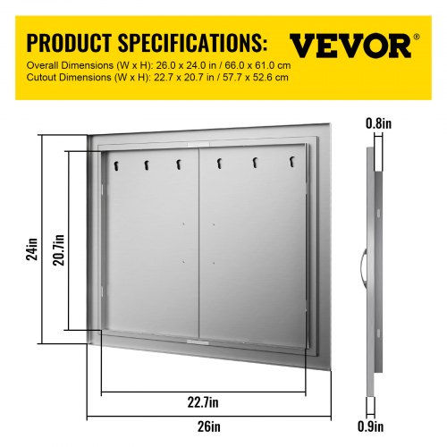 VEVOR Double Walled Access Door Outdoor Kitchen BBQ Door 26" 304 Stainless Steel 