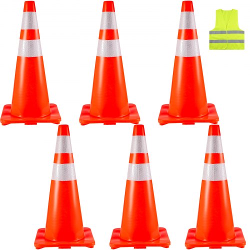 VEVOR 6Pack 28" Traffic Cones, Safety Road Parking Cones PVC Base, Traffic Safety Cone Orange, Hazard Construction Cones with Reflective Collars for Home Traffic Parking