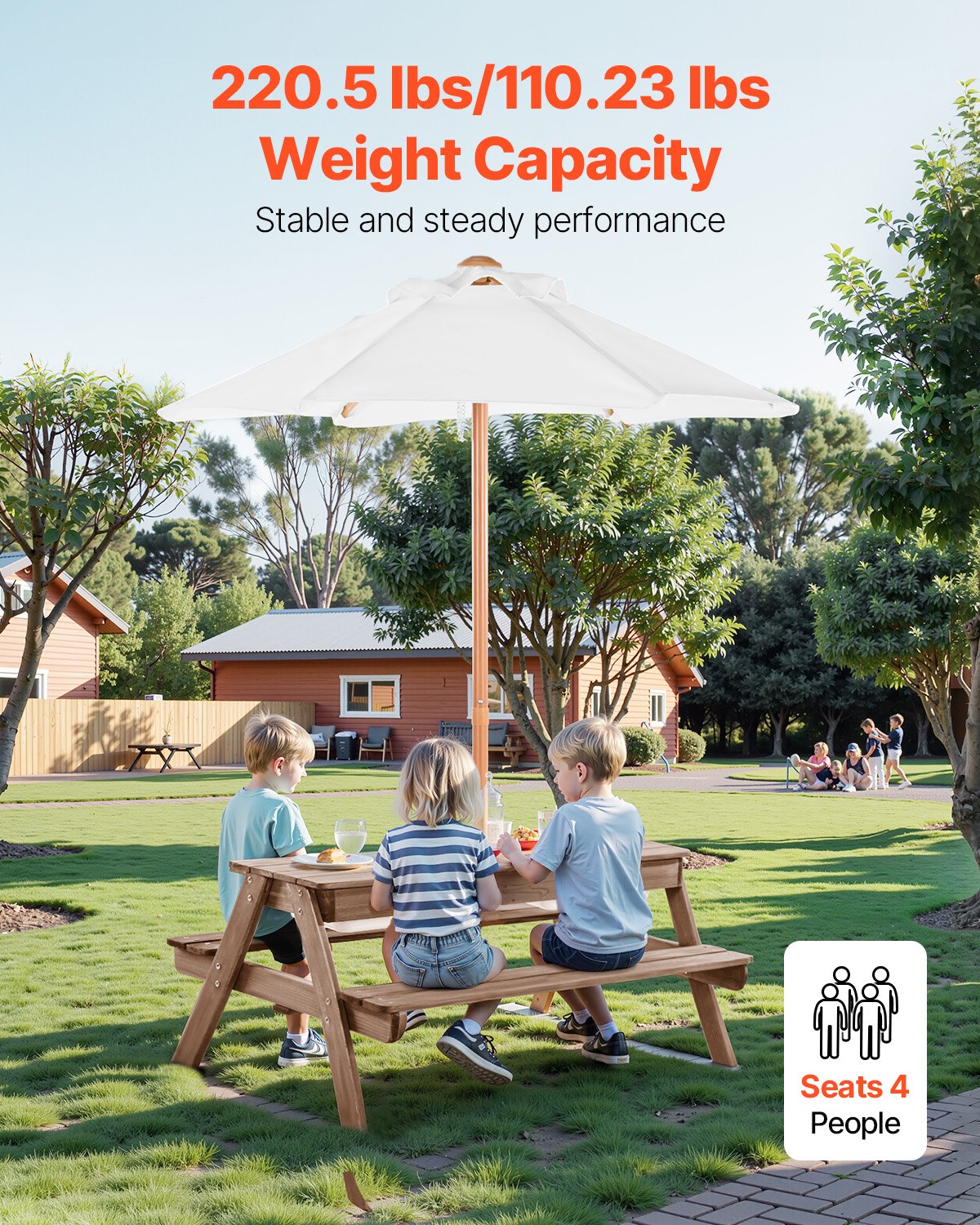 Laste piknikulaud vihmavarjuga, 100 kg, 7,62 cm, 2 restiga