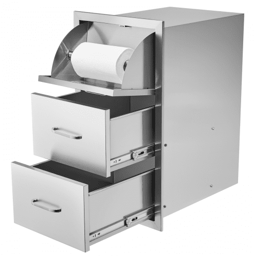 

VEVOR 17W x 30H x 21D Inch Outdoor Kitchen Stainless Steel Double Access Drawers with Paper Towel Holder Combo for BBQ Island or Grill Station
